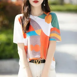 Camiseta feminina Primavera/verão Novo pescoço redondo Moda impressa Mulberry Silk Sweter de malha solta Manga curta T-shirtl2405