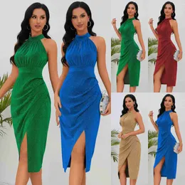 Basic Casual Dresses Designer Dress 2024 Summer New Sparkling Stand up Neck Dress Skirt Slim Fit Sexy Split Irregular Dress Plus Size Long skirt