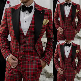 Blazer 3 Stück Peaked Wedding Tuxedos karierte Revers -Lappel -einzelne Breast -Taschen Anpassen von Mantelweste Hose Fashion Prom Party OCNS Schneiderte Exquisites