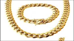 Andere Sets Schmuckstahlstahl Schmuckset 24K Gold plattiert hochwertige kubanische Verbindung Halskette Armband Bordsteinkette 14 cm DR1012333