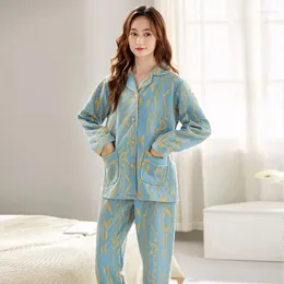Women's Sleepwear 2024 Autumn Winter Sandwich Pajamas Thickened Pure Cotton Cardigan Thin V-neck Loose Homewear Set