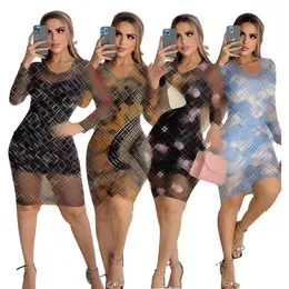 Summer Sheer Mesh Dress Women mode långärmad över knäskyddet klänningar gratis fartyg