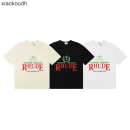 Rhude High end designer clothes for 24SS Trendy Sailing Letter Coconut Tree Pattern Short sleeved Tshirt for Men and Women High Street Half Sleeves With 1:1 original