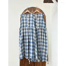 Lässige Kleider Mori Girl Style Vintage Blue Plaid Tank Kleid Frauen Sommer loser süßes süßes ärmellose Weste Falten long Vestidos