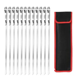 Forks 5/10PCS Stainless Steel BBQ Skewer Metal Wave Barbecue Skewer Tools Flat BBQ Sign Roast Chicken Wing Needle BBQ Suit With Bag