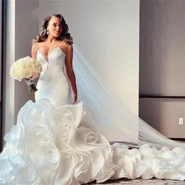 White Mermaid Wedding Dresses Strapless Ruffle Train Satin Tulle New Design Elegant Bridal Gown Custom Made