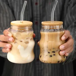 Tumblers 1/2 peça 500 ml de copo de vidro com jarra de pedreiro de palha de café transparente de suco e leite de bambu de bambu Beverage Bar cerveja H240506