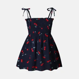 드레스 Patpat Baby girl 100% 면적 Allover Cherry Print Shirred Straph Dress Summer Seaft and Rescent에 적합합니다.