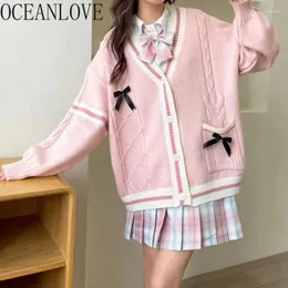 حياكة للسيدات Oceanlove Pink اليابانية على النمط العنق Cardigans على النقيض من خطوط ألوان الخريف شتاء سترات الصوفية المتماسكة