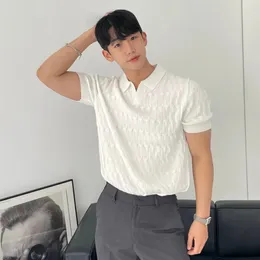 Sommerkleidung Herren Leicht Luxus gestrickt Jacquard Polo -Hemd Vneck Feste Farbkürzer koreanische Freizeit -Strickwaren 240423