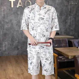 Turisci da uomo 2024 uomini estivi in ​​stile cinese tang abito da uomo tradizionale camicie da stampa casual camicie a 2 pezzi maschio hanfu set di set di set