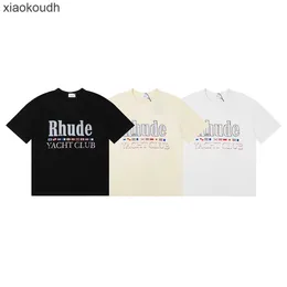 Rhude High end designer clothes for 24SS Trendy fashion Sailing Letter Coconut Tree Pattern Short sleeved Tshirt for unisex High Street Half Sleeves With 1:1 original