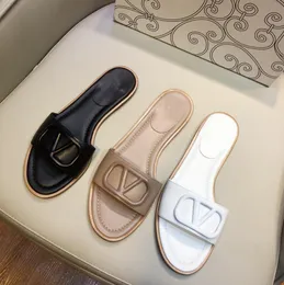 Novos chinelos de verão para mulheres sandálias V-Button Metal Usando couro genuíno de uma linha aberta de ponta de fundo plana 35-42