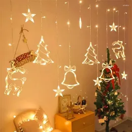 Julekorationer 220V LED -gardinsträngslampor Fairy Garland Elk Bell Star For Home Year Xmas Tree Ornament Navidad