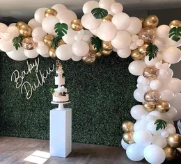 パーティーデコレーション98pcsホワイトゴールドバルーンガーランドアーチキット紙吹雪のバルーンと緑の葉のベビーシャワー結婚式の誕生日dec7833403
