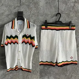 Erkek Tasarımcılar Örgü Polo Gömlek Seti Unisex 11 Stil Kazablanka Gömlek İnci Düğmesi Dalgalı Streak Out Erkekler Günlük Kısa Kollu Yüksek Kaliteli Örgü Seti