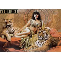 Ścik szwu Diamond Haft, „Egipt Princess Cleopatra Tiger” Wzory pełne DIY 5D Diamentowe malarstwo Rhinestones Mosaic GT