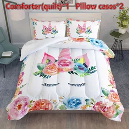 Duvet Cover 3pcs Watercolor Flower Unicorn Print Comforter Set Girls Teens Boys, Soft Comfortable Bedding Set, For Bedroom Guest Room Dorm (1*Comforter + 2*Pillowcase,