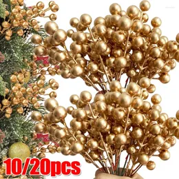 Flores decorativas 20/1PCS Berries artificiais Holly Hastes de Natal Fake Plant Gold Berry Gold Braço Ornamento Diy Wreath Xmas Tree Home