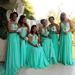 Chiffon 2021 Mint Green Boho Bridesmaid Dresses Lace Applique Off The Shoulder Sleeveless Maid Of Honor Gown Plus Size African Wedding