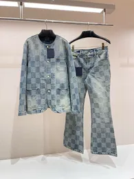 2024SS Giacca e jeans in denim a mosaico in difficoltà su misura con hardware perle dimensioni statunitensi