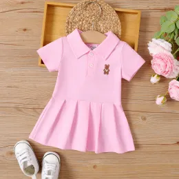 Dresses PatPat Baby Girl Bear Embroidered Polo Neck Pleated Dress Suitable for Summer Season Soft and Comfortable Basic Style