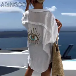 Women Beach Wear ABINGOO Evil Eye Casual Sequin Beaded Shirt Womens Fashion Beach Style Shirt Sunscreen Cotton Linen Womens Loose Plus Shirt Y240504