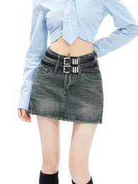 Spódnice Guzyuuviz High talia z paskiem vintage podzielona jeansowa wiosna wiosna lato seksowne szczupłe dżinsy kobiety bodycon
