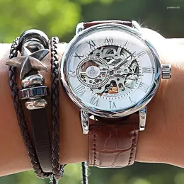 Нарученные часы Orkina Silver White Design Transparent Skeleton Dial Mens Watch Top Автоматические механические часы