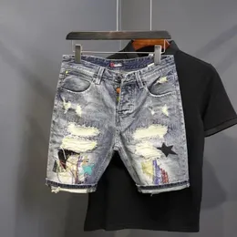 Summer Mens Fashion Scraped Patch Beggar Denim Shorts Hip Hop Washable Jeans Shorts Casual Middle Pants 240430