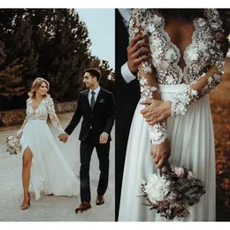 شاطئ طويل الأكمام بوهو 2021 فساتين الزفاف ثوب الزفاف شيفون شيفون شق مثير 3D الأزهار الأزهار الطابق طول الوهم
