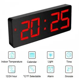 Relógios acrílico espelho de despertador digital LED Exibição de controle de voz do calendário de temperatura Função de soneca 12/24h Decoração de casa de alarmes duplos