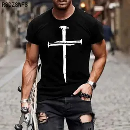 Erkek Tişörtler Erkekler İsa Mesih Cross 3d Baskılı T-Shirt Yaz Günlük All Maç Moda Kısa Sökülmüş Büyük Boy Yuvarlak Boyun Strtwear T240506
