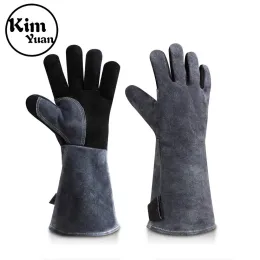 Rękawiczki Kimyuan 012l Rękawiczki spawalnicze odporne na ciepło idealne do spawacza/gotowania/pieczenia/pszczelarstwa/obsługi zwierząt/BBQGRAYBLACK 16 cali