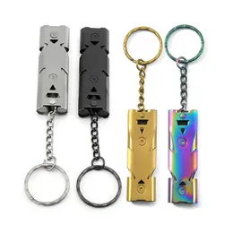 High Decibel Whistle Portable Keychain rostfritt stål dubbel rörcamping Vandring Emergency Survival Whistle Outdoors Tools 2021