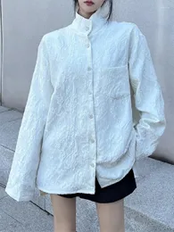 Kvinnors blusar sonneesd kinesiska jacquard full ärm neutral skjorta retro lös fritid singel breasted vit mode safari stil topp för