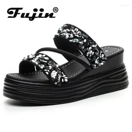 Slippers Fujin 7cm Air Mesh Synthetic Leather Women Sandal Bling Chunky Sneakers Pumps Platform Wedge Summer Peep Toe Shoes