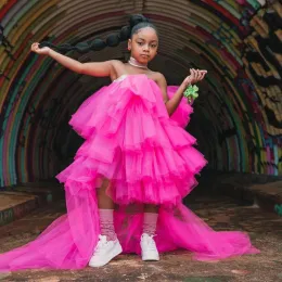 Abiti adorabili rosa caldo gonfio gonfio abito di tulle arruffato ragazza lestici cinturini in giro per la vita hi -bassa abiti di tulle lunghi per abiti da festa di compleanno