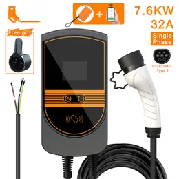 7.6KW 32A 1fas EV-laddningsfordon Typ 2 IEC62196-2 Plug med appversion Wallbox laddstation 5M Kabel Electric Car Fordon