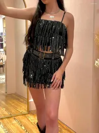 Skirts Women 2 Pcs Outfits Set Sequins Fringe Sleeveless Spaghetti Strap Crop Top Tassel Mini Skirt With Belt Party Clubwear