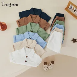 Tregren 03 Years Toddler Baby Boy Girl Summer Outfits Casual Solid Short Sleeve Button Down Lapel Shirt Shorts 2pcs Kläderuppsättningar 240430