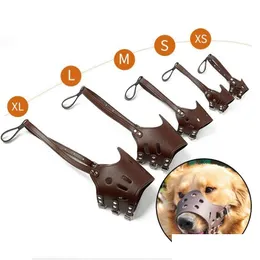 犬の襟のリーシュリー革のペット銃口調整可能な通気性予防バイトチューマスク小さな中程度の大きな犬の口マウス