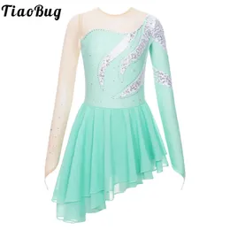 Kids Girls Figure Ice Skating Dress Long Sleeve Floral Teartu Tutu Ballet Dress Dymnastics Haphards Costme Performance 40426