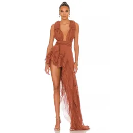 Dresses Prom Dress Caramel Color Club Wear Tulle Layered Party Dress Deep V Neckline Asymmetrical Long Prom Gowns Pleated Robe De Bal