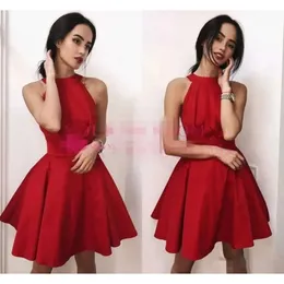 Red Halter Dresses 2019 Satin Simple Homecoming Sleeveless Short Mini Tail Party Gown Prom Ball Juniors Formal Wear Custom Made