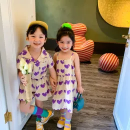Kleider koreanischer Sommer Jungen Herzgedruckte Kleidung Sets Baby Girls Fashion SingleBreasted Sliping Kleid