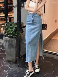 Skirts Beiyingni 2024 Spring Summer Denim Skirt Women French Sexy Split Long Midi High Waist Bodycon Ladies Blue Casual Jupe