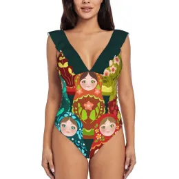 Suits Matryoshka Doll Pattern Ruffle One Piece Swimsuit Women Swimwear Push Up Monokini Sexy Print Bathing Suit Matryoshka Doll