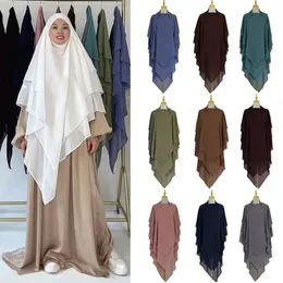 Long Khimar 3 Camadas Oração de chiffon Vestuário de alta qualidade Modestão muçulmana hijab Islâmica Roupas Abaya Veil Ramadan Turquia 240430