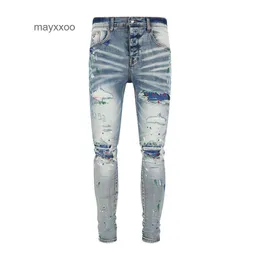 Purple Jean Amiiris Designer Jeans Mens Fashion Brand Mens Oil Knee Fit Slip Fit With Hole Patch Button Placket Jhee